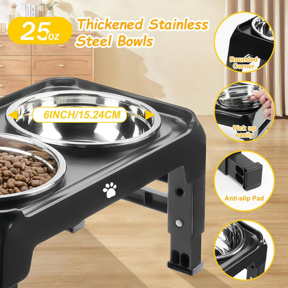 Elevated Dog Bowls 3 Height Adjustable Raised Bowl Stand with 25oz Stainless Steel Dog Food Bowls Anti-Slip for Small Dogs Adjusts to 7.5", 6", 2.75", Black