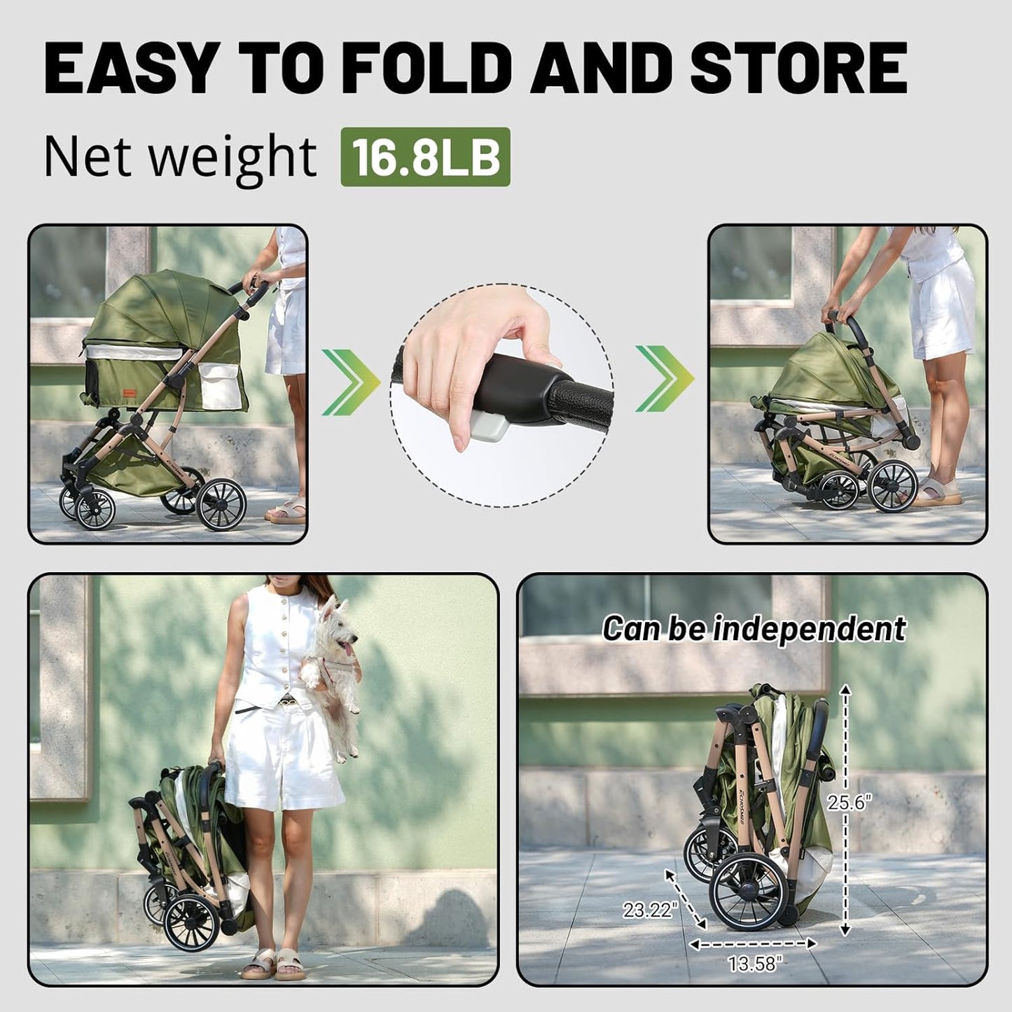 EchoSmile Small Medium Dogs Stroller 4-Wheel Pet Strollers for Medium Dogs Up to 50lbs, One Click Folding Large Cat Stroller, Reversible Handle, Shock Absorbing Wheels, Removable Washable Pad, Green