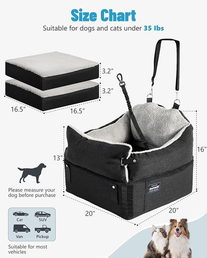 EASTBLUE Dog Car Seat for Small Medium Dogs Up to 35 lbs, 2 Memory Foam Pads Dog Booster Car Seat with Seat Belt, Washable Pet Carseat for Puppy & Cat, Dogs Travel Bed for Cars (Black/Grey)