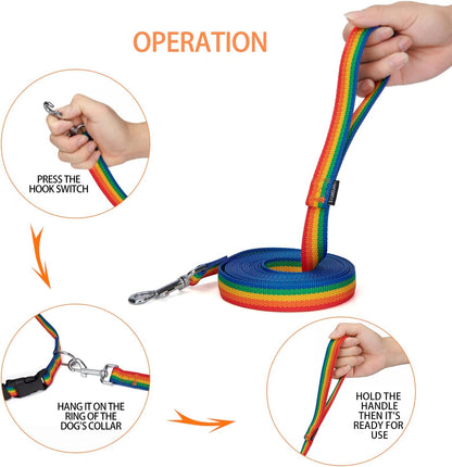 Strong Durable Nylon Dog Training Leash, 1 Inch Wide Traction Rope, 6 ft 10ft 15ft Long, for Small and Medium Dog (Rainbow, 15 Feet)