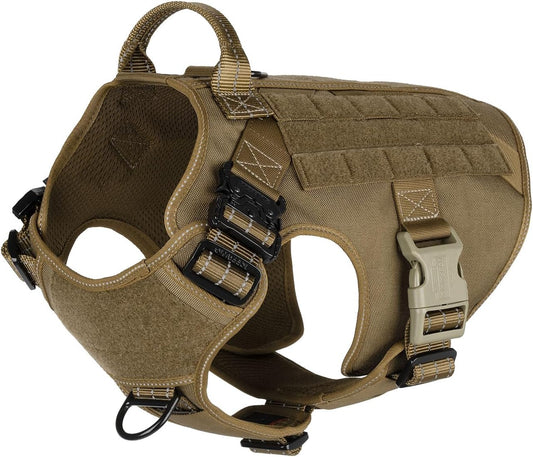 ICEFANG Tactical Dog Harness, Large Size,2X Metal Buckle,Working Dog MOLLE Vest with Handle,No Pulling Front Leash Clip,Hook and Loop Panel (Brown,L (Pack of 1))