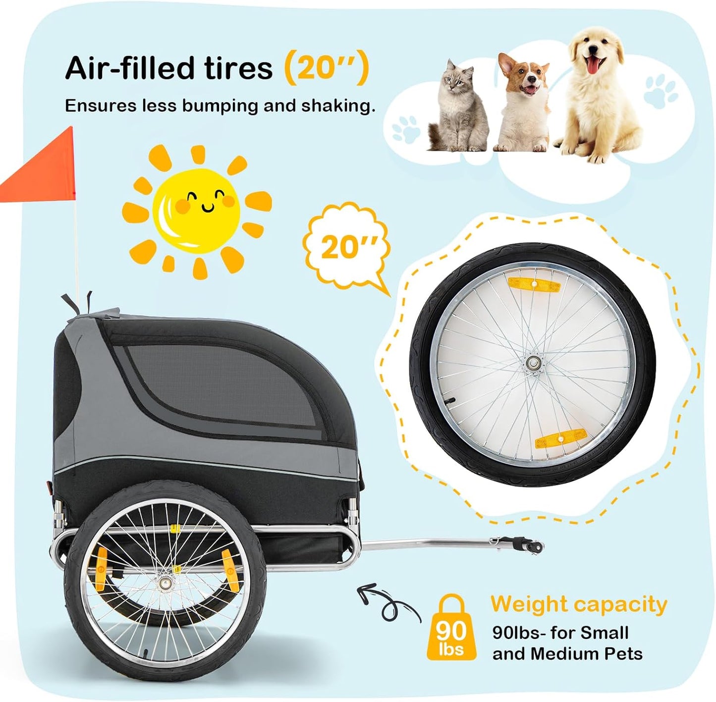 Dog Bike Trailer - HAPPAWS Dog Trailer for Bicycle, Cargo Cycle Trailers Wagon Cart Pet Bike Carrier w/ 3 Doors, Aluminum Wheels, Safety Flag, Easy to Connect&Disconnect, Collapsible to Store