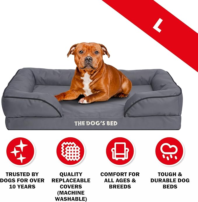 The Dog’s Bed, Orthopedic Standard Foam Waterproof Dog Bed with Standard Support, Large Grey with Black Trim, Waterproof, Supportive Dog Bed with Replaceable Covers