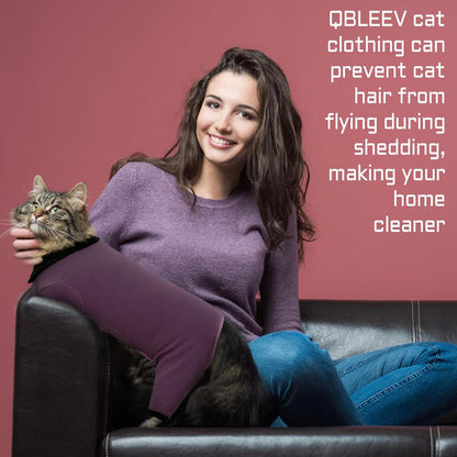 QBLEEV Cat Pajamas for Cats Only, Sticky Hair Cat Clothes, Cat Onesie for Cats After Surgery Female Male, Surgical Cat Recovery Suit Full Bodysuit, Long Sleeve Cat Shirts Outfits to Prevent Licking