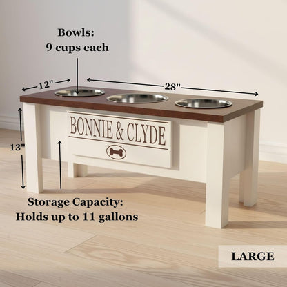 GrooveThis Woodshop - Personalized Elevated Triple Dog Bowl Stand for Large, Medium, Small, X-Small Dogs - 3 Stainless Steel Food and Water Bowls - Raised Dog Dish with Internal Storage (Large, Grey)