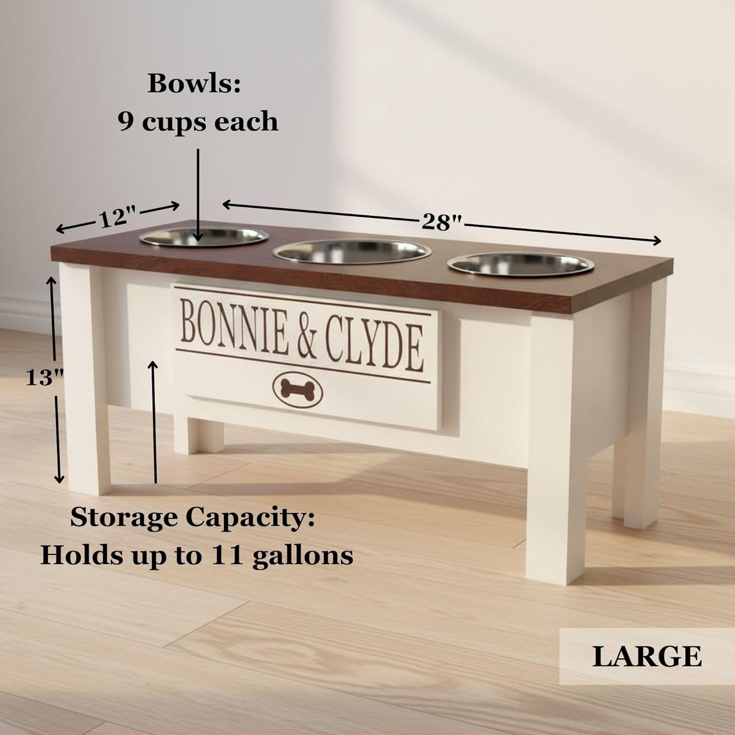 GrooveThis Woodshop - Personalized Elevated Triple Dog Bowl Stand for Large, Medium, Small, X-Small Dogs - 3 Stainless Steel Food and Water Bowls - Raised Dog Dish with Internal Storage (Large, Black)