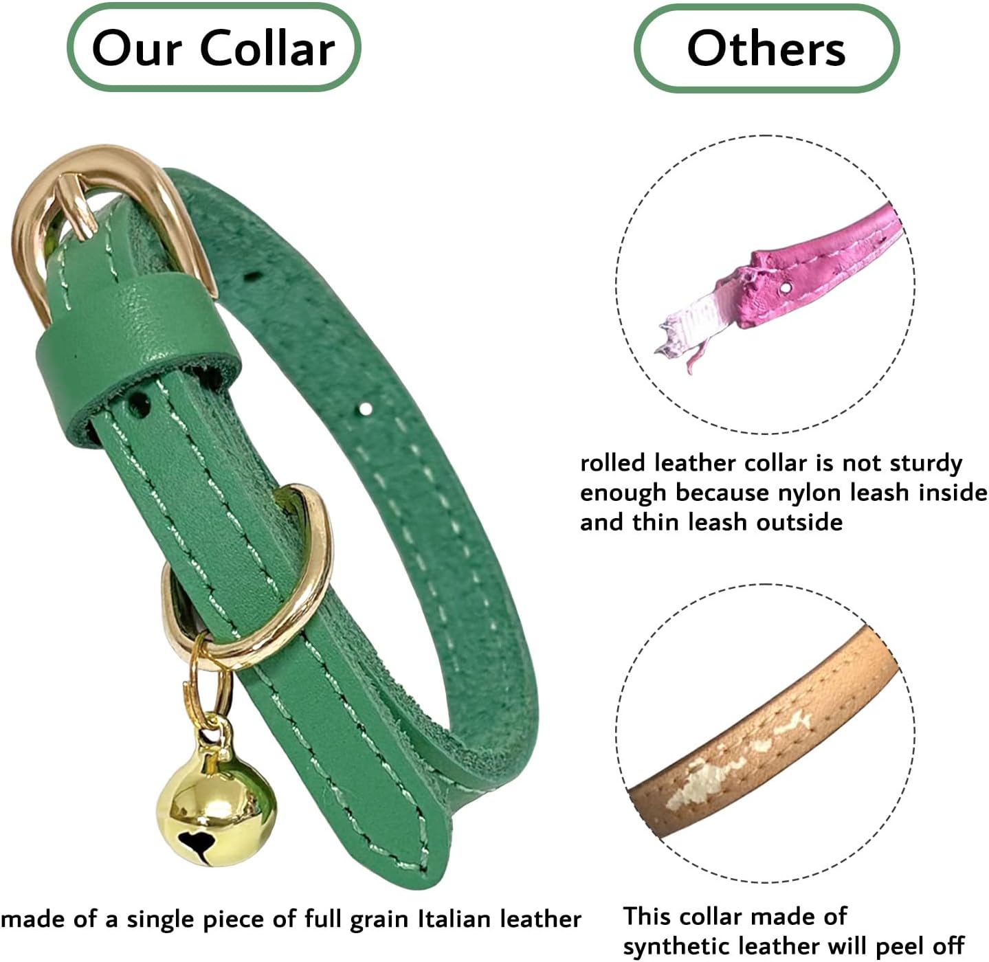 Guiding Star Leather Collar for Puppy, Cute Soft Thin Dogs Collars for Small Medium Dogs, Cat Collar with Bell (Green, XS, 9"-12")