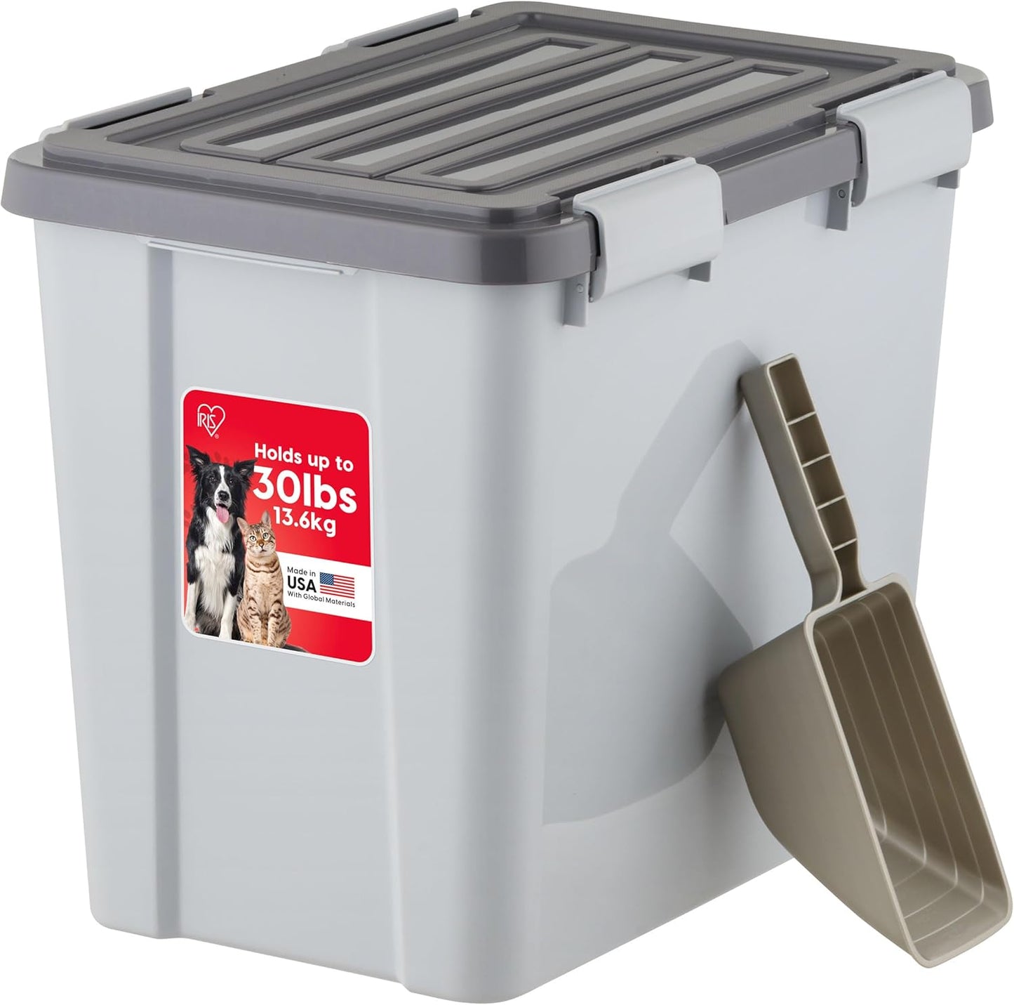 IRIS USA Stackable Dog Food Storage Container with 2 Cup Scoop, 4 Secure Latches, Fits up to 30 lbs, Pet Dry Food Bin, Gasket Seal Lid, BPA Free, Stackable, Easy Measure, Gray/Dark Gray