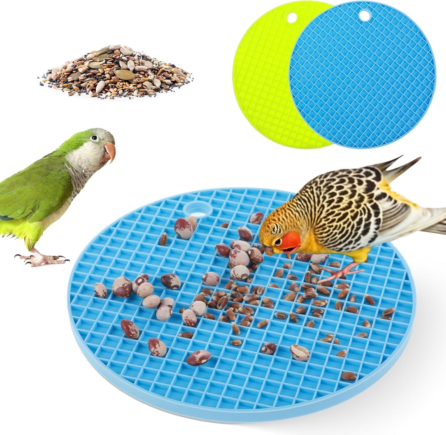 2Pcs Bird Foraging Mats, 6.3" Silicone Foraging Toys for Birds Enrichment-Foraging Toys for Parakeets, Cockatiels and Small Birds (Green/Light Blue)