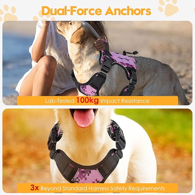 Heavy-Duty Tactical Dog Harness for Large Dogs, No Pull Adjustable Reflective Pet Vest with Molle System, K9 Military-Grade Control for Service Training, Outdoor & 10+ Breeds, Purple Camo, Medium