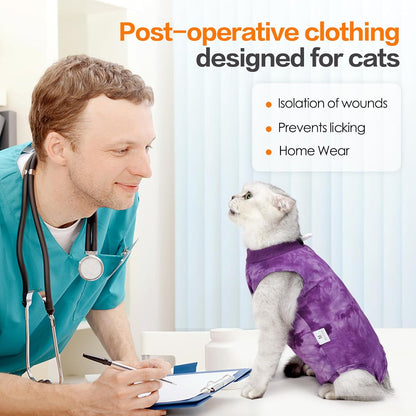 Purrfect Recovery Suit for Cats - Abdominal Wound Protection, Cone Alternative, Purple L
