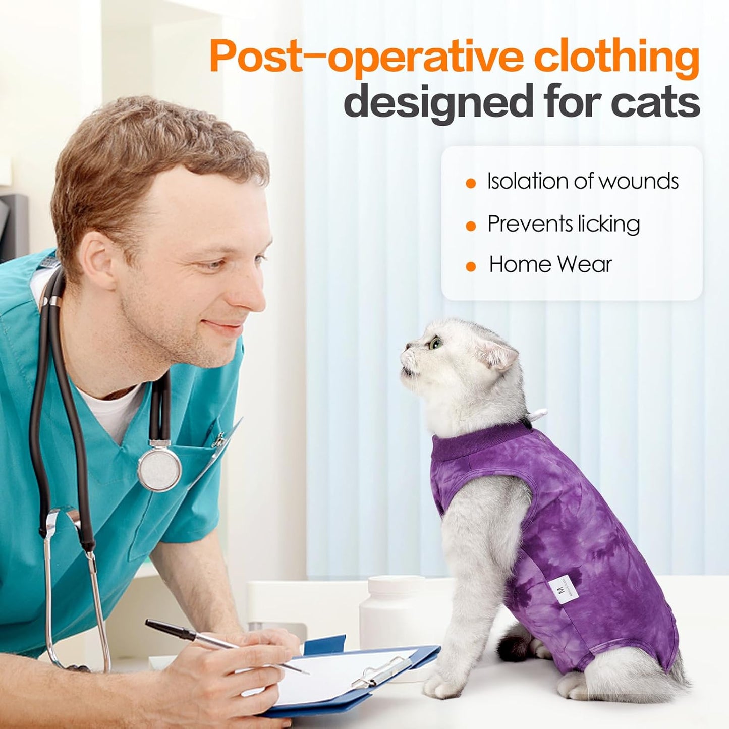 Purrfect Recovery Suit for Cats - Abdominal Wound Protection, Cone Alternative, Purple M