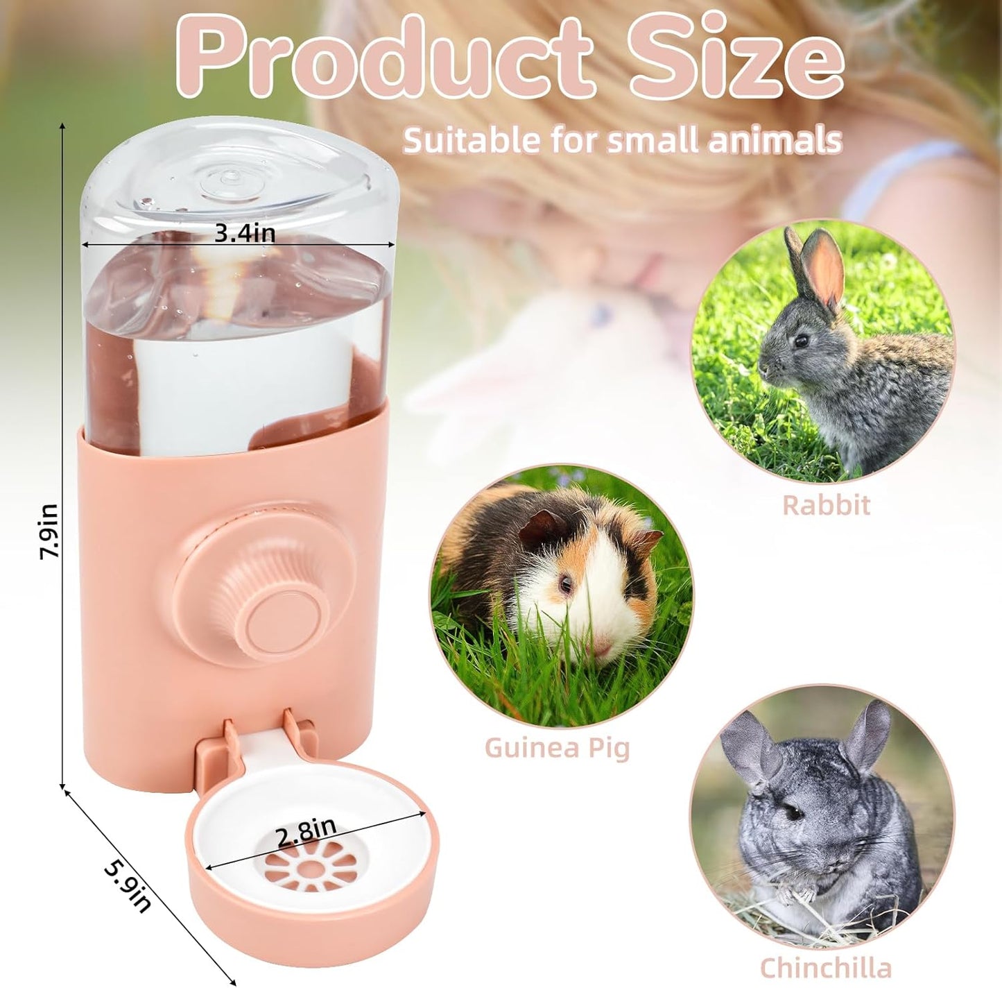 Rypet Hanging Rabbit Water Bottle Cage, 21oz Guinea Pig Water Bottle Dispenser, Automatic Small Pet Cage Water Feeder for Bunny Chinchilla Hamster Hedgehog Ferret Rat Gerbil Small Animal (Pink)