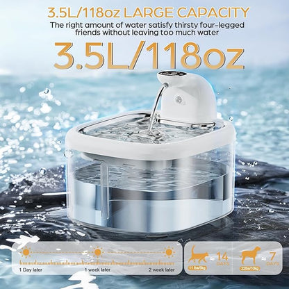 Wireless Cat Water Fountain, 118oz/3.5L Battery Operated Cat Fountain with Stainless Steel Tray, Ultra Quiet with Motion Sensor Automatic Pet Water Dispenser for Cats Dogs Multiple Pets