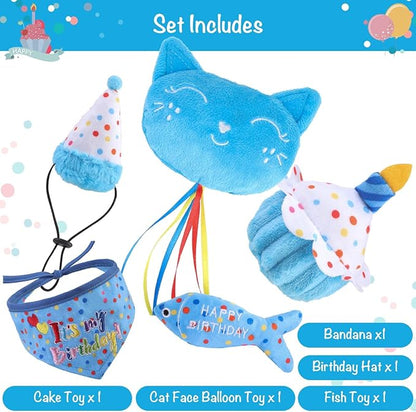 BINGPET Cat Birthday Catnip Toys for Indoor Cats,Cat Birthday Hat,Bandana and Cat Birthday Cake Interactive Plush Kitten Chew Toys,Cute Fish,Balloon Toys with Crinkle Paper and Catnip Inside(Sky Blue)