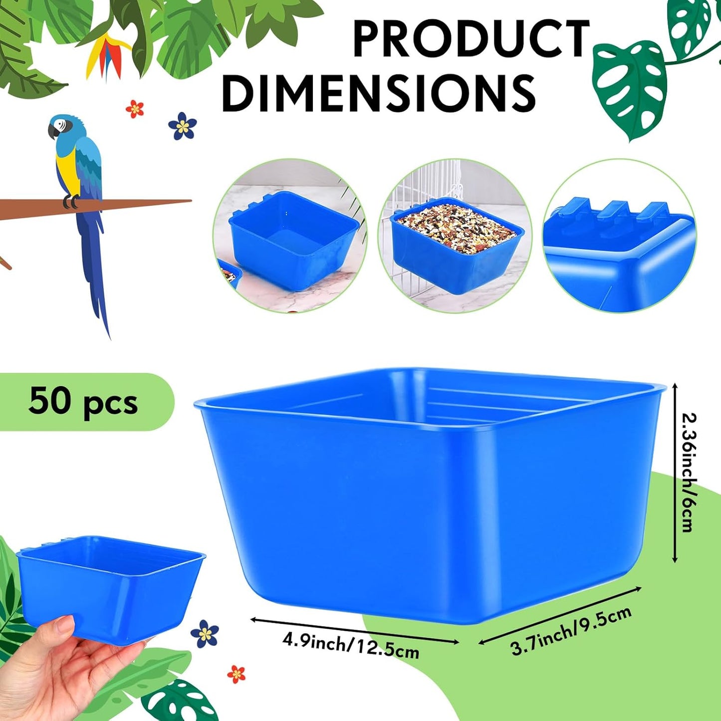Maxdot 50 Pcs Cage Cups Chicken Feeder Cups 16 oz Hanging Bird Food Water Bowl Bunny Cage Feeding Dish for Pet Parrot Rooster Parakeet Gamefowl Poultry Pigeon(Blue)