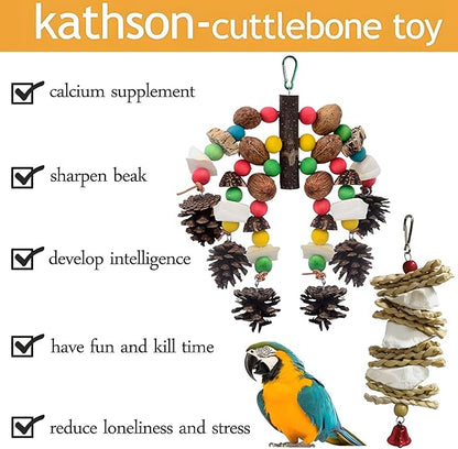 kathson Parrot Chew Toys, Medium Size Natural Wooden Bird Toys with Colorful Blocks, Hanging Bird Cage Accessories for Cockatiels, Conure, Cockatoos, 2 Pack (Style B)