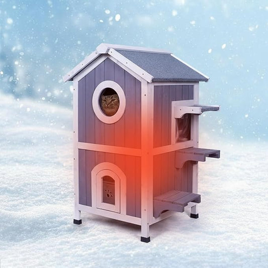 GEGURI Outdoor Heated Cat House Winter-Proof, Two-Story Insulated Shelter for Feral Cats with Thermal Layer, Removable Roof, Balcony & Escape Door