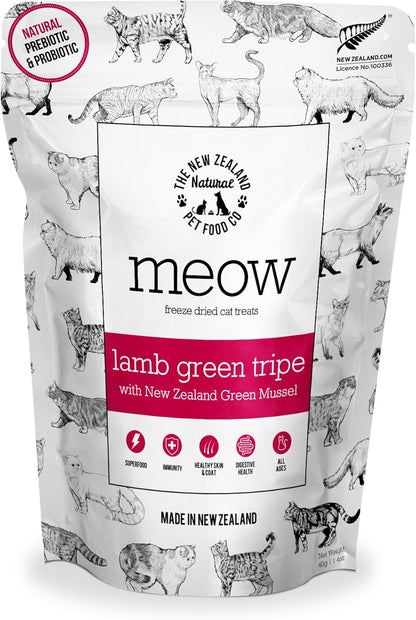 The New Zealand Natural Pet Food Co MEOW Freeze Dried Cat Treats - Lamb Green Tripe with New Zealand Green Mussel, High Protein, Healthy Cat Snacks and Toppers, All Natural for all Life Stages, 1.4 oz