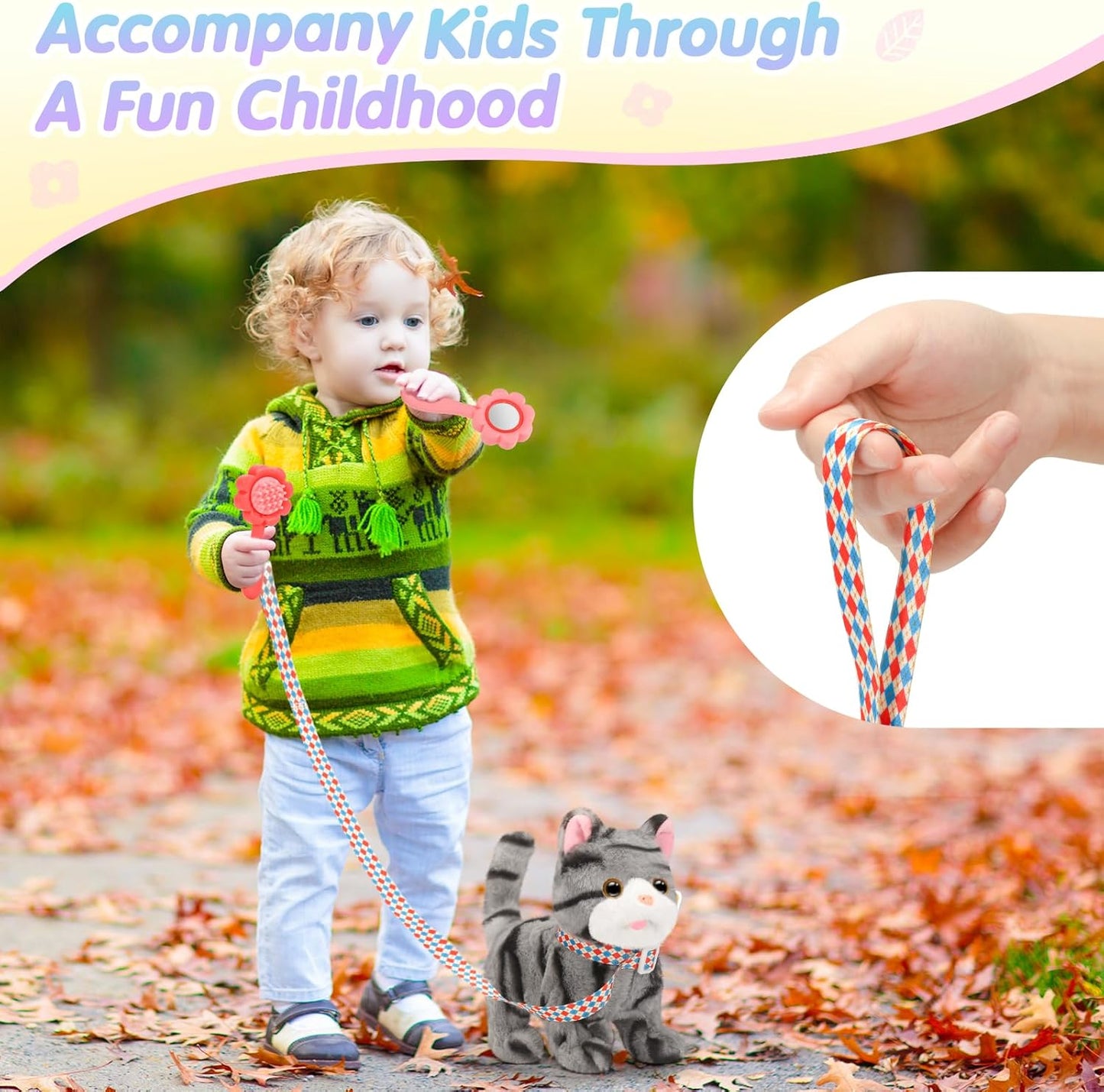 Plush Cat Toys for Kids with Leash, Interactive Plush Kitty Can Walk,Meow, and Wag Tail, Realistic Toys Pet Christmas Birthday Gifts for Boys and Girls