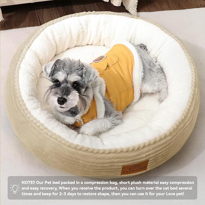 Cat Bed, 23In Dog Beds for Small Dogs, Calming Cat & Dog Beds for Indoor Pets, Pet Beds Comfortable Donut Round Ultra Soft (Camel, 23" L x 23" W x 6.5" Th)