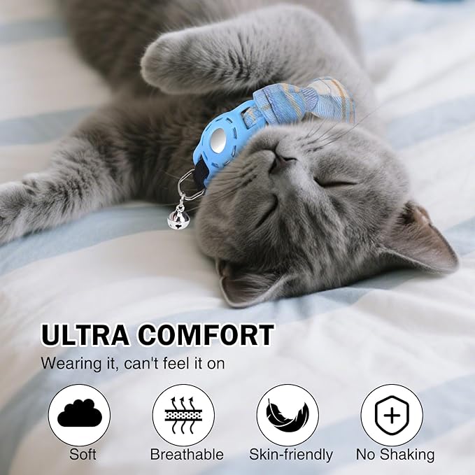 Airtag Cat Collar with Bells and Bowtie -Safety Elastic Band Kitten Collar for Apple Air Tag Holder- Cute GPS Cat Tracker Collars for Girl Boy Cats and Puppies, Adjustable 8"-12" Blue