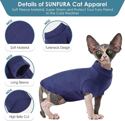 SUNFURA Turtleneck Sweater for Cat, Sphynx Cats Shirt Hairless Cat Sweaters with Sleeves, Warm and Soft Kitten Pullover Fleece Winter Pajamas Jumpsuit for Puppy Cats, Navy L