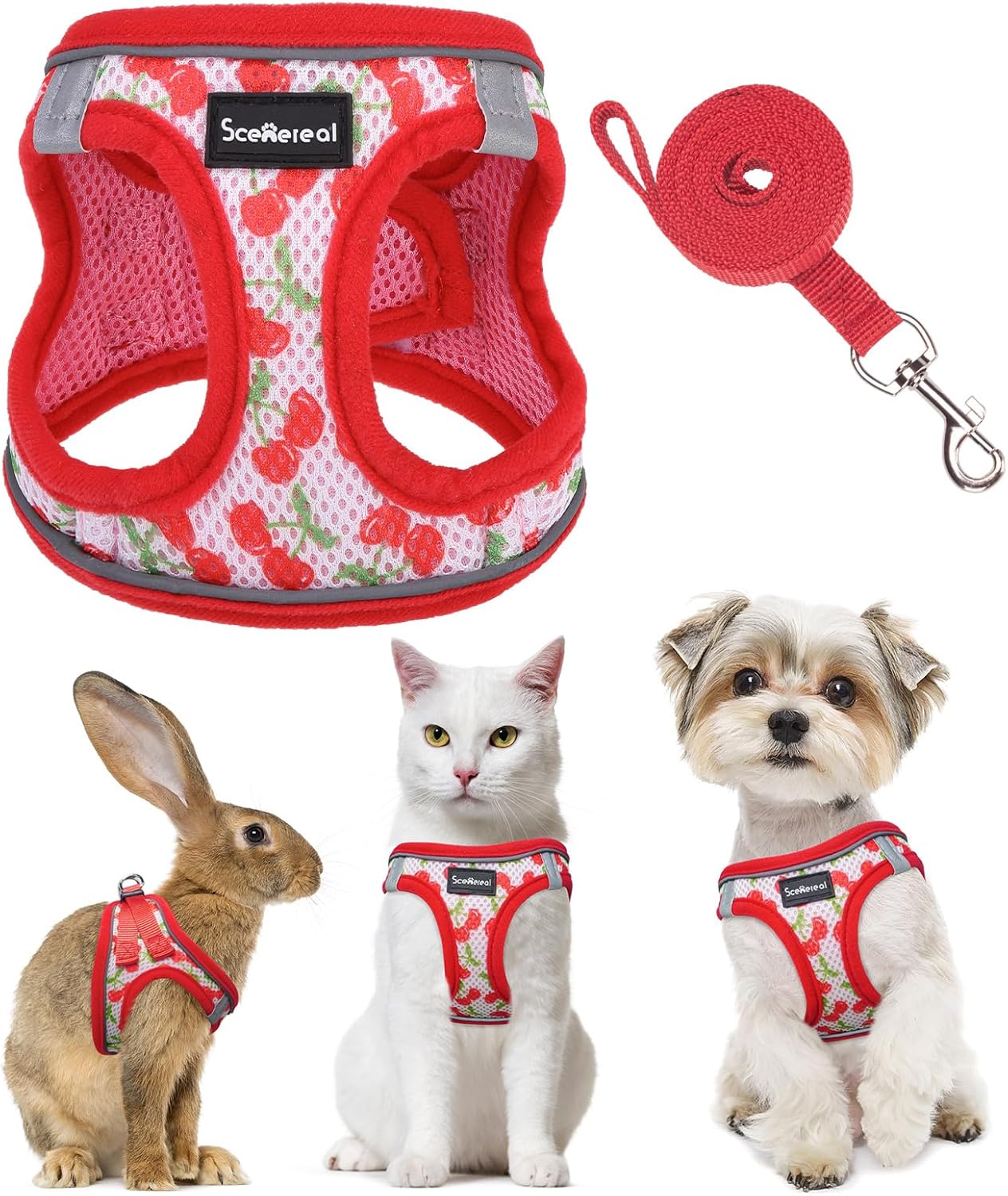 SCENEREAL Cat Harness & Leash Set Escape Proof - Adjustable Air Mesh Vest with Reflective Strips for Kittens, Puppies, Rabbits, Cherry M