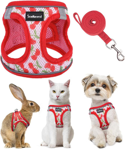 SCENEREAL Cat Harness & Leash Set Escape Proof - Adjustable Air Mesh Vest with Reflective Strips for Kittens, Puppies, Rabbits, Cherry M