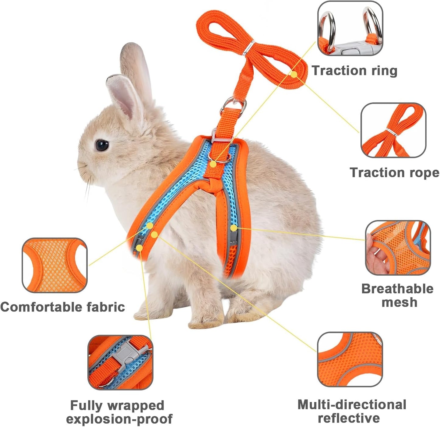 2 Pack Rabbit Harness and Leash Set, Double Buckle Bunny Harness with Reflective Strips Soft Breathable Mesh Vest Harness for Rabbits Walks Accessories