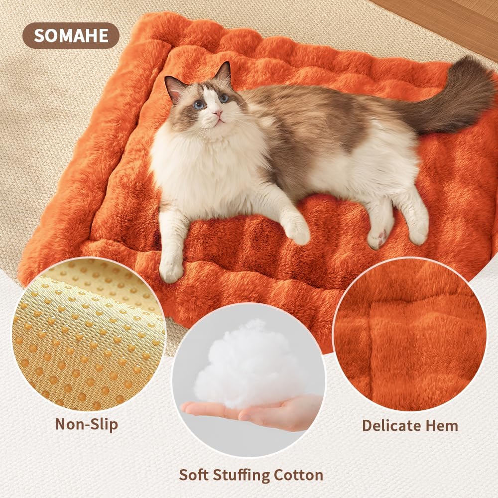 Cat Beds for Indoor Cats Faux Fur Pet Mat Cute Kitten Plush Bed with Non-Slip Bottom for Carriers/Couch Dog & Puppy Friendly 27 x 20 Inch Large Orange