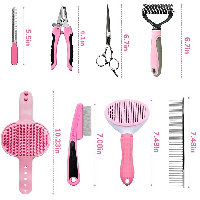 Dog Brush & Grooming Kit – 9-Piece Pet Brush & Deshedding Set for Shedding, Bathing, Trimming & Nail Care | Grooming Tools for Dogs & Cats, Includes Comb, Nail Clipper, Scissors, Slicker Brush (Pink)