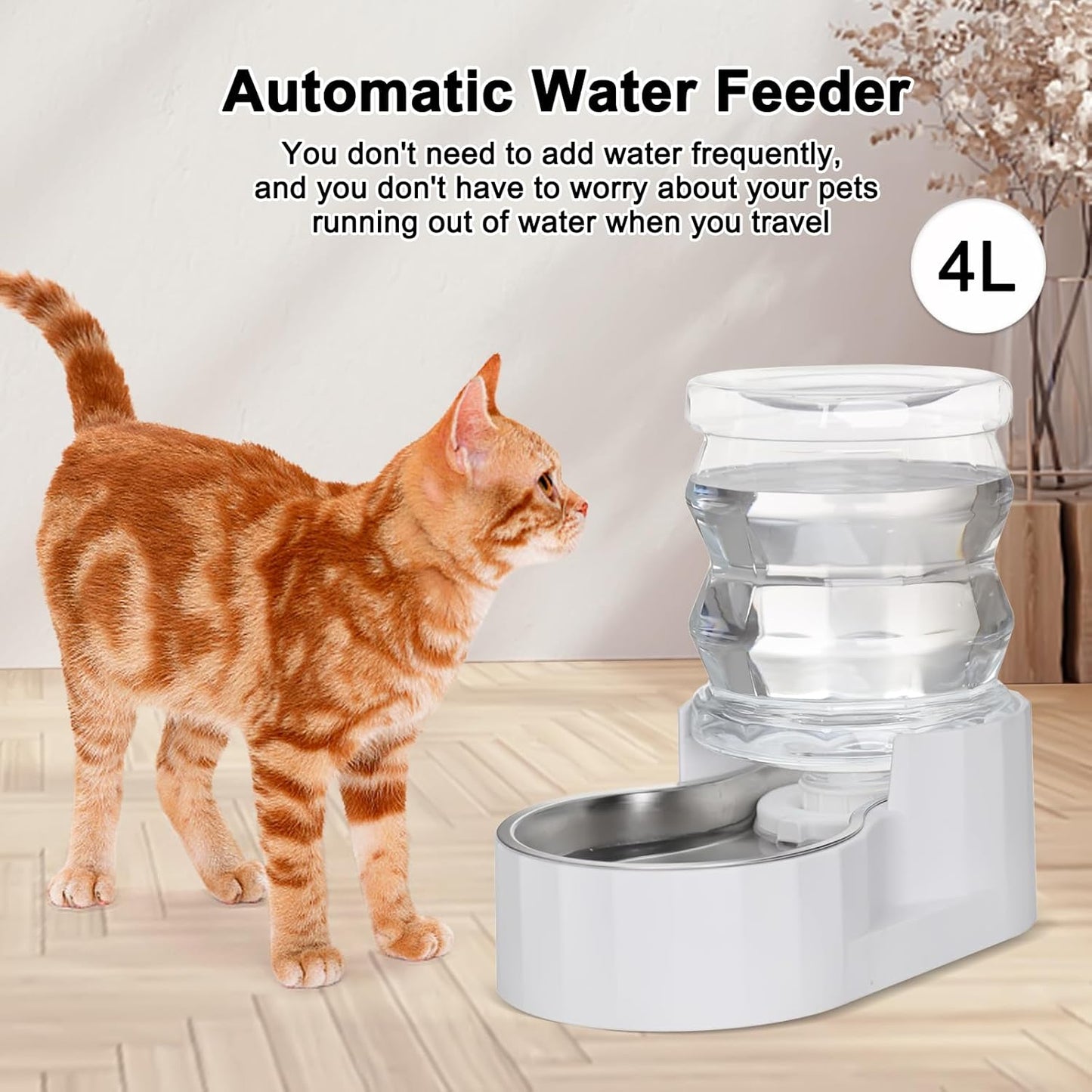 RIZZARI Pet Water Bowl Dispenser: 4L Automatic Stainless Steel Gravity Feeder - Large Capacity for 8-20 LB Cats and Dogs with Joint Spine Pain - for Kitchen Bedroom