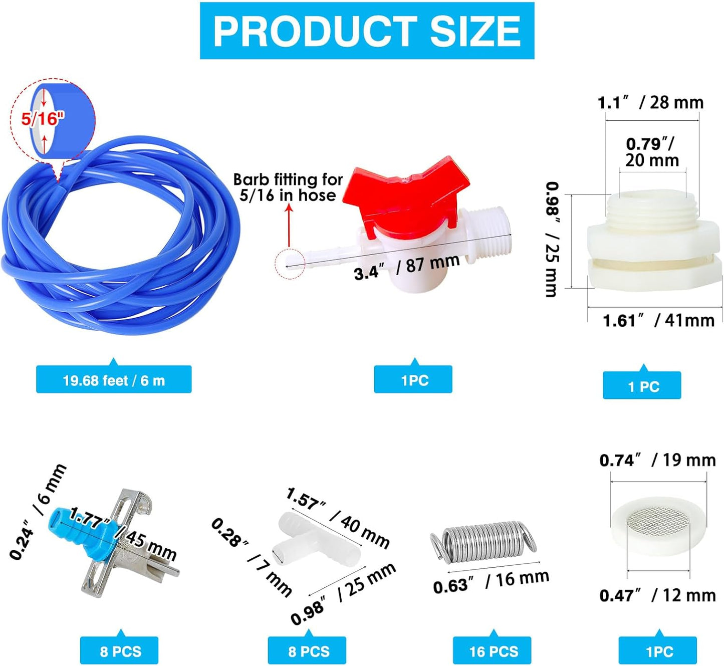 Automatic Rabbit Watering System,Quail Rabbit Water Bottle Dispenser 8 Nipples Drinker,ID 5/16" Hose 19.68 Feets,Barb Fittings to G1/2" Thread,T-Fittings,Springs,Gaskets,Bucket Connector