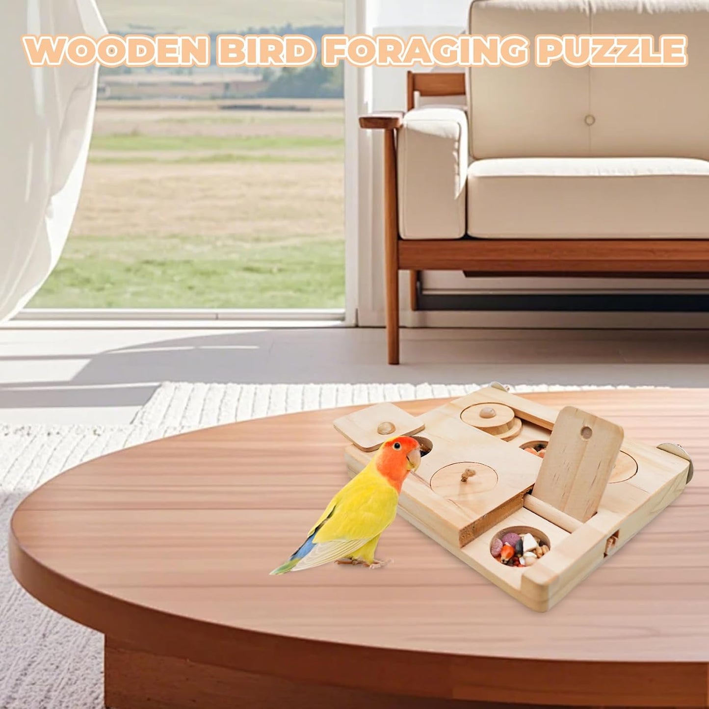 Wooden Bird Foraging Puzzle – Interactive Food Challenge Toy with Sliding Blocks & Locks | Cage-Mounted Enrichment for Budgies, Cockatiels, Conures