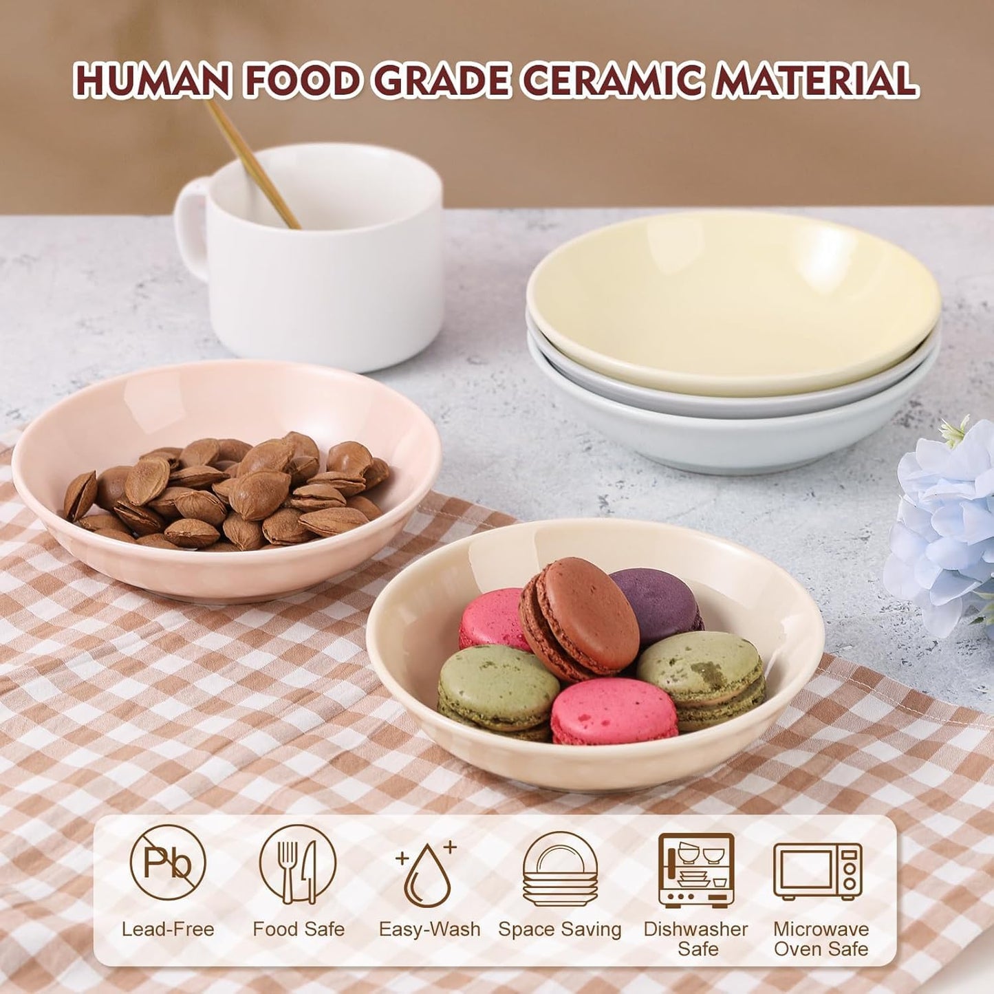 Ceramic Cat Food Bowl Set - 5.75 inch Colorful Cute Cat Dishes with Non Slip Pads - Wide Shallow Whisker Friendly - Microwave and Dishwasher Safe - 6 Pack - 8.5 oz