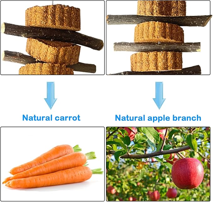 kathson Natural Small Animal Chew Toys for Teeth,4 PCS Rabbit Hanging Chewing Treats with Natural Organic Apple Stick Timothy Grass Carrot Cake for Hamsters Squirrel Guinea Pig Rabbits