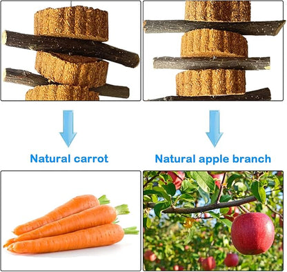 kathson Natural Small Animal Chew Toys for Teeth,4 PCS Rabbit Hanging Chewing Treats with Natural Organic Apple Stick Timothy Grass Carrot Cake for Hamsters Squirrel Guinea Pig Rabbits