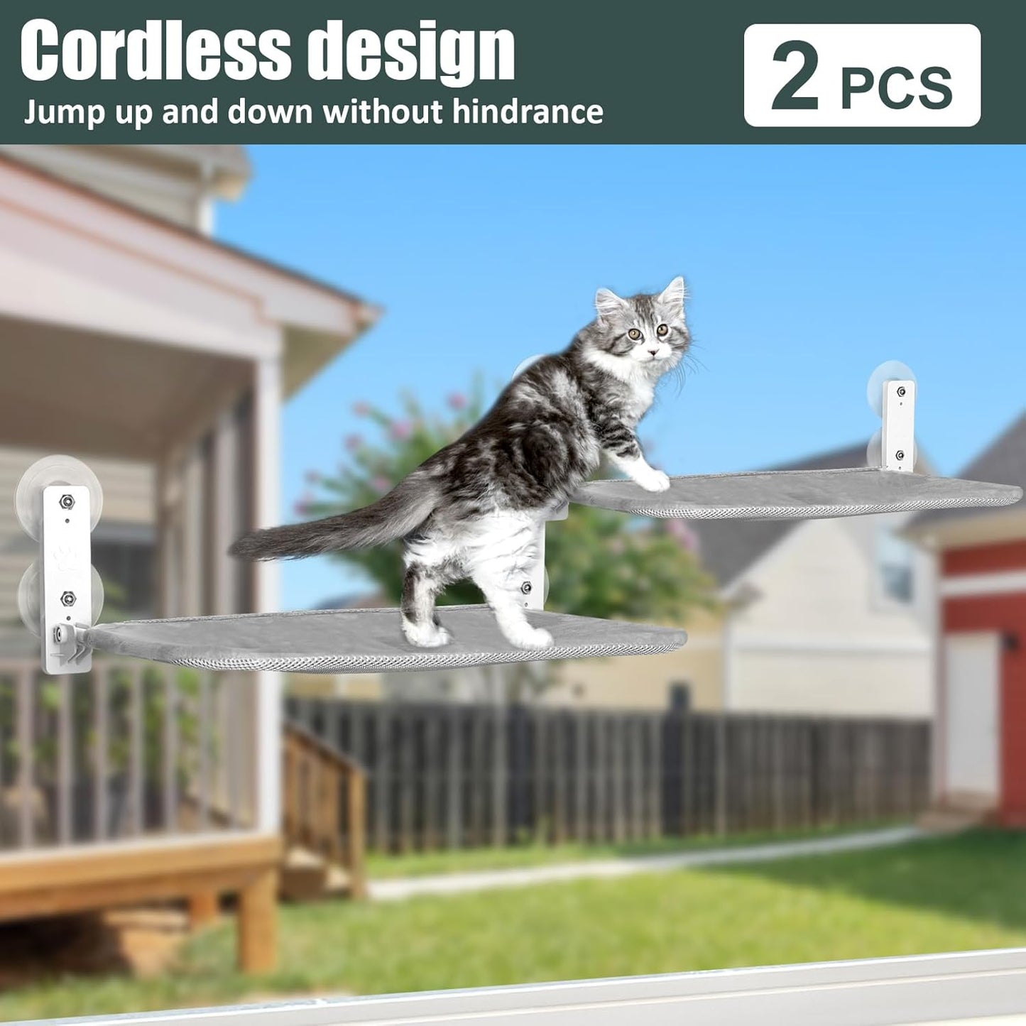 Sunhoo 2PCS Cat Window Hammock Perch Cordless Window Sill Seat Bed Foldable Kitty Lounger Indoor Cats Shelf Stable Upgraded Suction Cup Easy Assembly 20.5 * 11.8in Hold Up to 55lbs (Grey, M)