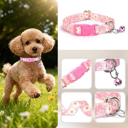 Pink Small Dog Collar with Bell -Nylon Collar for Chihuahua Pomeranian Yorkie, Adjustable XXS/XS for Walks & Daily Play (Daisy S)