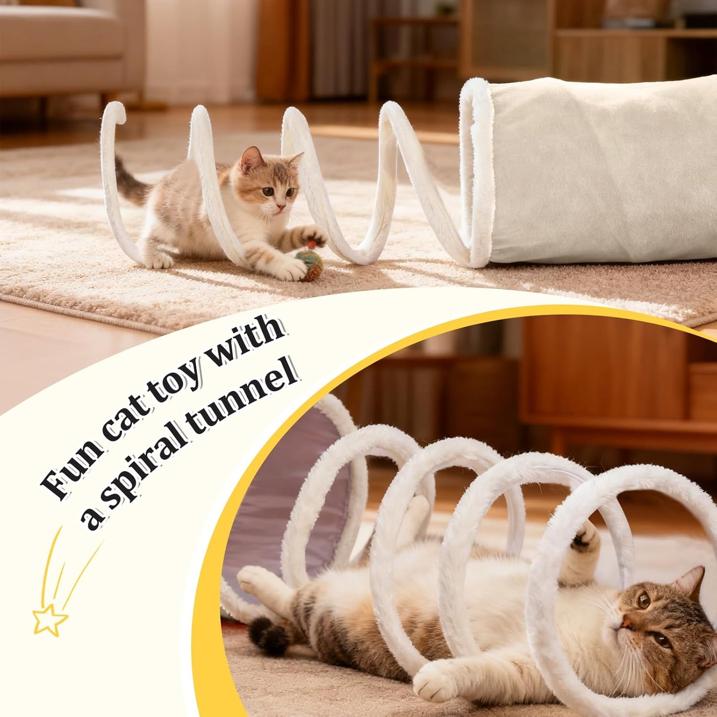 Ownpets 2-in-1 Cat Tunnel Bed, Lollipop Shape Large Cat Tunnel Toy, Plush Foldable Cat Cave Hideout Donut Tunnel for Kitten Rabbit Ferret, Beige