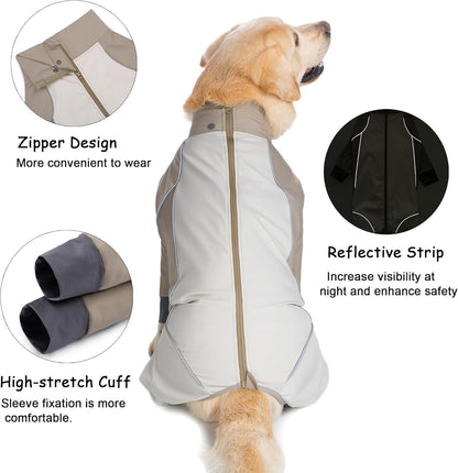 Dog Full Body Winter Coat, Waterproof Fleece Jacket for Small Medium Large Dogs Reflective Snowsuit with Zipper for Outdoor Skating (Beige, 4XL(Weight 50-70 lbs))
