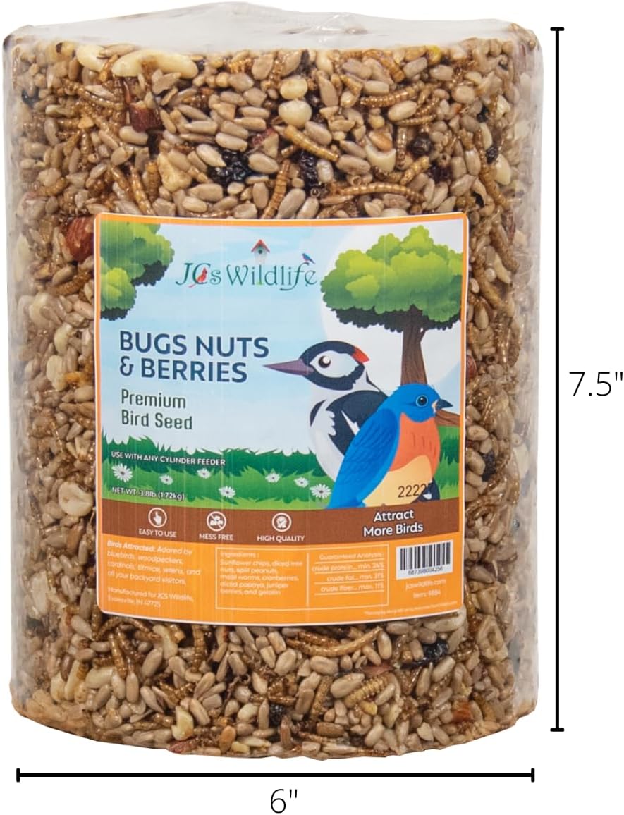 JCs Wildlife Bugs Nuts and Berries Premium Bird Seed Large Cylinder with Hole, 3.8 lb (1)