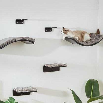 Cat Shelf with Comfortable Cushion - Curved Modern Cat Bed (Large Size) - Lotus Leaf Design Cats Wall Perch - Wall Mounted Cats Furniture for Sleeping, Playing, Climbing, and Lounging, Walnut