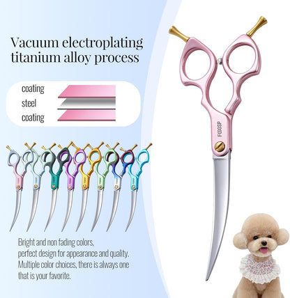 Professional Curved Dog Grooming Scissors with Sharper Self Grinding lightweight and finely trimmed split structure 6.5'' Japan VG10 63HRC for small dogs cat pet(Pink)