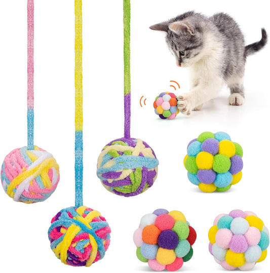 Retro Shaw 6Pcs Cat Toys Balls, Wool Yarn Cat Ball with Bell Inside, Interactive Kitten Toys for Indoor Cats Kitty Chew Kick, Colorful Soft Fuzzy Pet Toy Ball with String