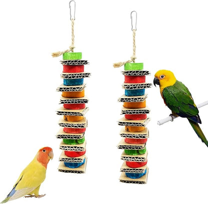 2 Pack Small Bird Chews Toy Natural Cardboard Wood Parrot Chewing Cage Hanging Toys for Conures Parakeet Cockatiel Budgies Love Birds Canary