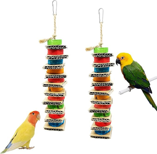 2 Pack Small Bird Chews Toy Natural Cardboard Wood Parrot Chewing Cage Hanging Toys for Conures Parakeet Cockatiel Budgies Love Birds Canary