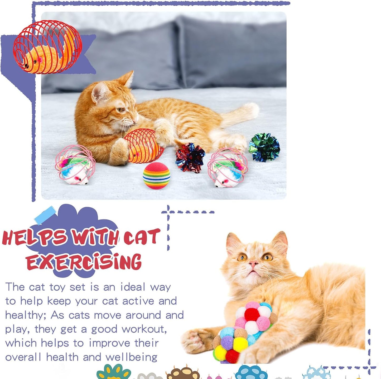 Lenwen 100 Pcs Cat Toys Set Bulk Cat Fur Mice Toys Variety Plastic Ball with Bell Furry Pompom Rattle Mouse Assorted Interactive Catnip Toy Pillow Chew Nice Gift for Indoor Kitten Cats Catch Play