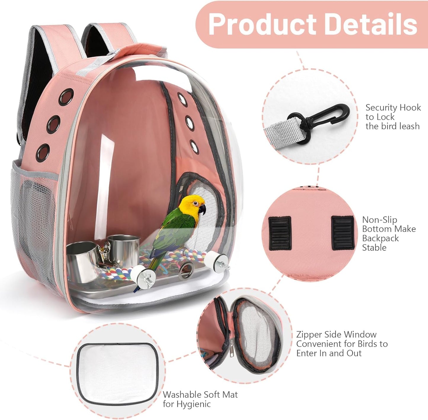 Bird Backpack Carrier, Travel Bird Cage for Small Medium Size Parrot Parakeet Budgies Cockatiel, Portable Clear Bubble Window Bag with Stainless Steel Tray Food Bolw Standing Perch (Pink)